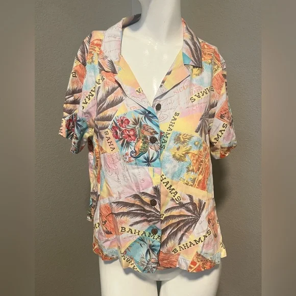 Caribbean Joe Women’s Multicolor Tropical Bahamas SS Button-Down Shirt Size L - Picture 2 of 12